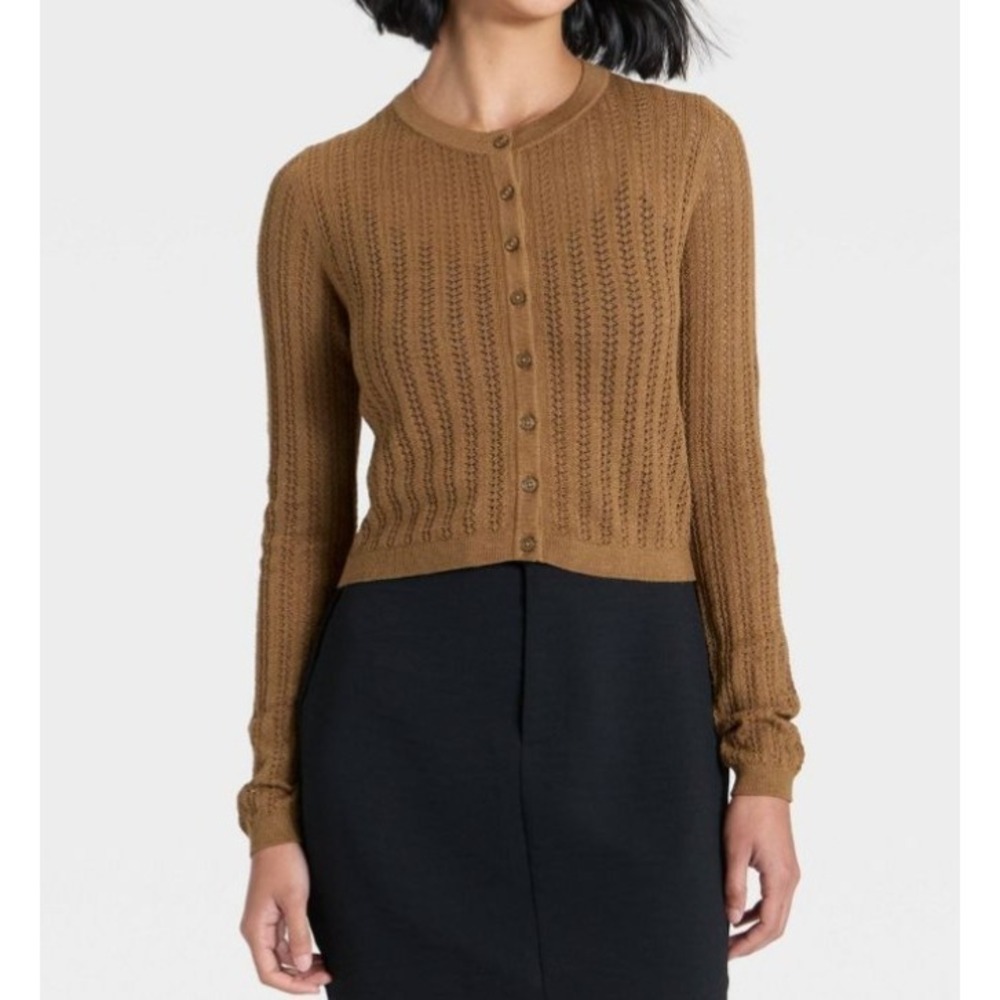 A New Day Women's Pointelle Cardigan Brown Size XS